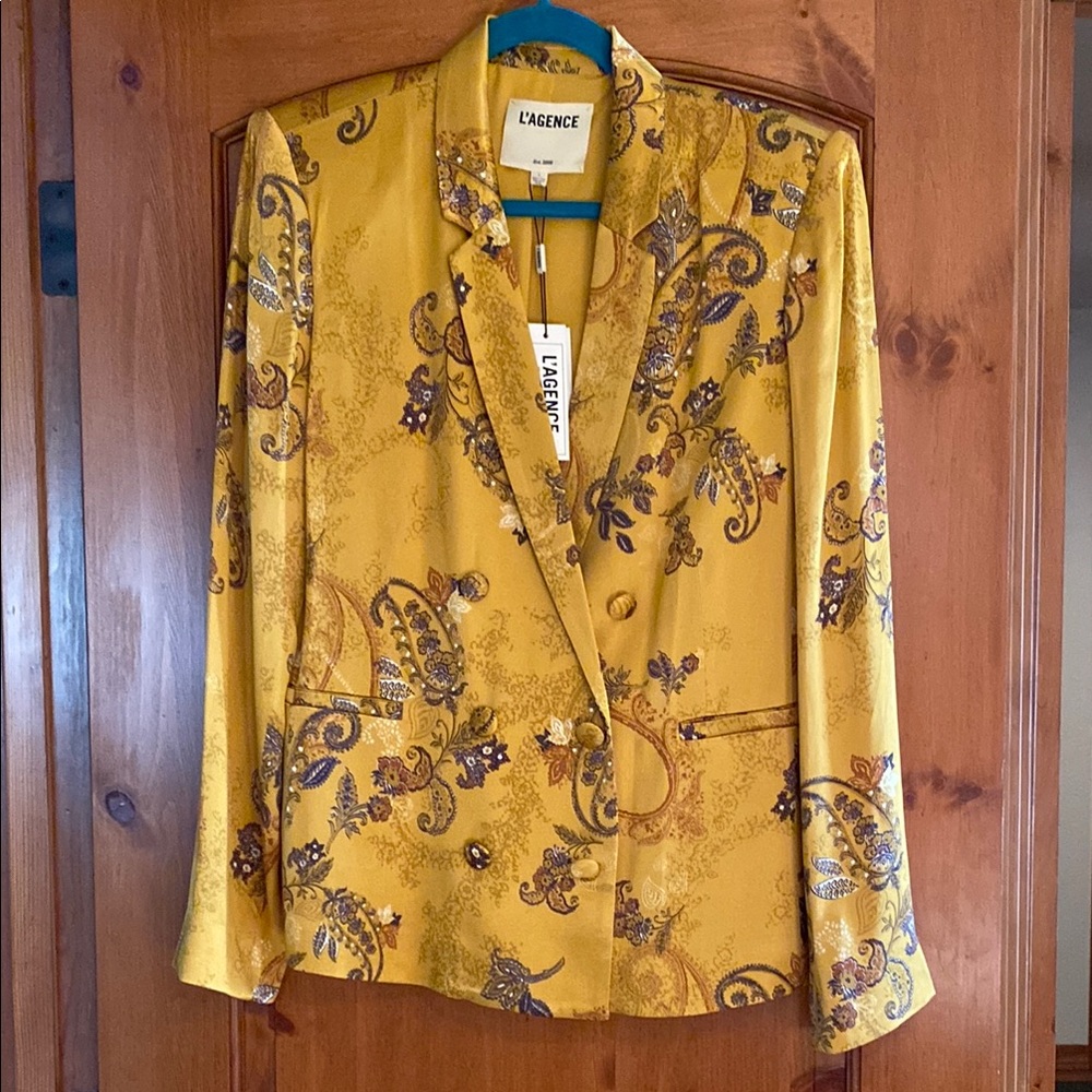 L'AGENCE Colin Double Breasted Yellow Floral Blazer with Botanical Print